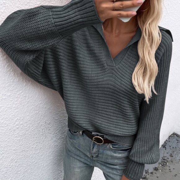 Bellanblue Sweaters - Charcoal Grey V neck Collar Knit Sweater Top Minimalist y2k